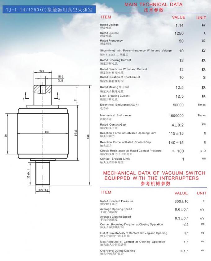 interruptores del vacío de 1.14KV 1250A para los contactores de la CA, interruptor de cerámica del vacío